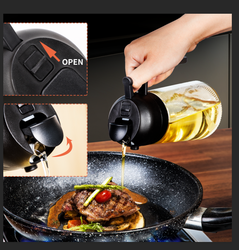 Uritoria 2-in-1 Glass Oil Sprayer & Dispenser | 470ml Portable Bottle for Kitchen Cooking